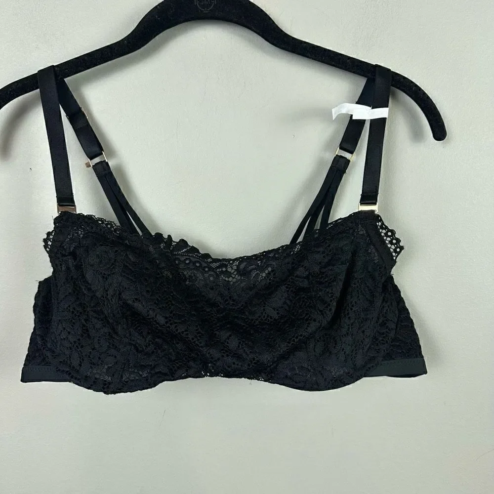Aerie lace overlay balconette push up black bra 36D